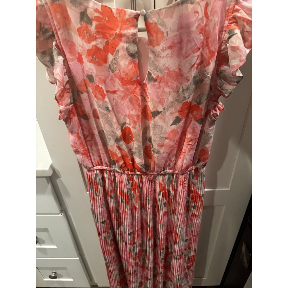 HAYDEN LOS ANGELES Floral Pleated Midi Dress Flutter Sleeve Pink Coral Size S - Picture 6 of 7